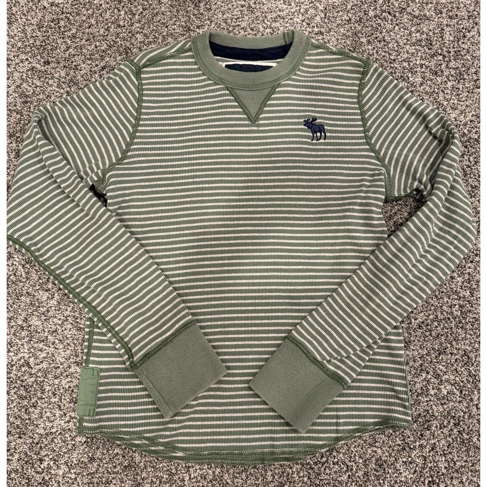 Abercrombie Kids Boys Large 13/14 Green Stripe Thermal Henley Long Sleeve Shirt